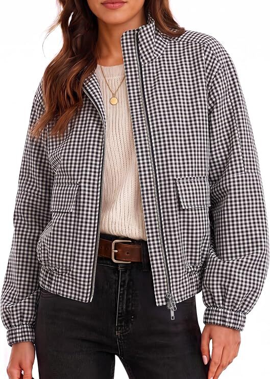 Women’s Cropped Gingham Zip-Up Casual Jacket — Only $39.99!
